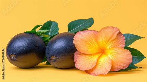 a close up of two fruits and a flower on a yellow background with a yellow flower in the foreground.