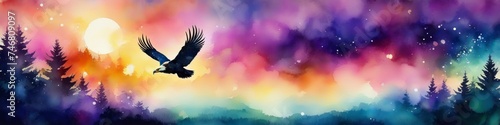 Abstract watercolor illustration of flying eagle on blurred bokeh background, space for text.  © La_Valentina