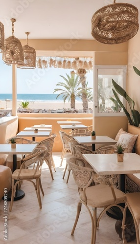 A bohemian inspired interior design with a bright  beige color palette can be found in a cafe located near the beach in Marbella  Spain.
