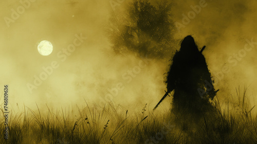 Shadowed Vigil: A Solitary Guardian's Watch, single silhouette samurai in the smoke and field at night, haunting and desolate after war, panoramic 