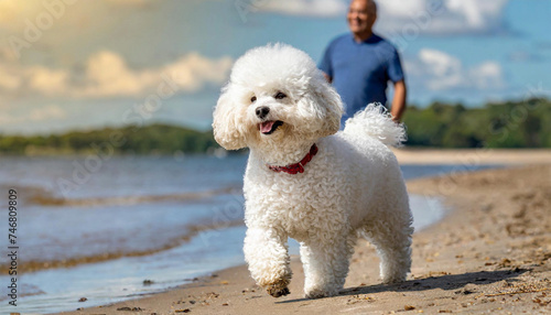 Bichon frise dog walking on a sandy beach.
