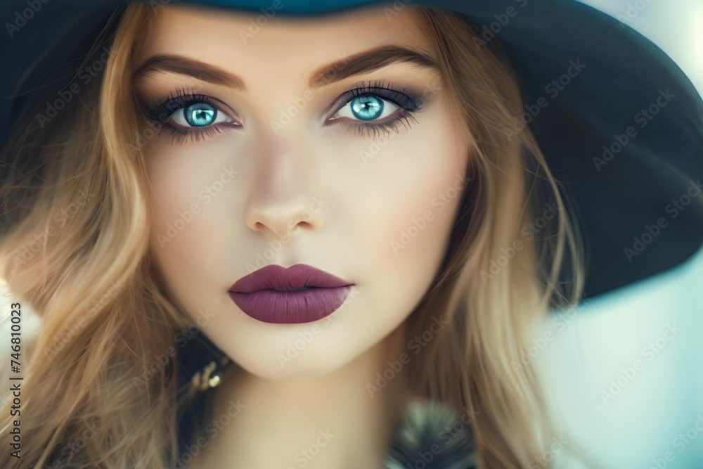 Portrait of a woman with striking blue eyes and plum lips, wearing a black hat and blonde hair cascading down. Portrait of a woman with striking blue eyes and plum lips, wearing a black hat and blonde hair cascading down.