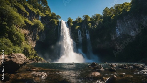 waterfall in park a majestic waterfall cascading over rocky cliffs surrounded by lush greenery and a clear blue sky  
