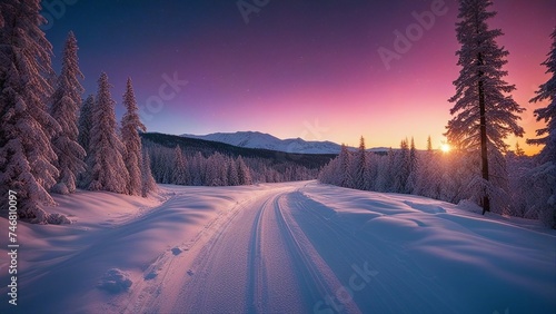 sunset in the mountains a road with snow covered trees and a milky way in the background at dusk  © Jared
