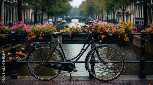 a bicycle is parked next to a railing with flowers on it and a canal in the background in a city. photo