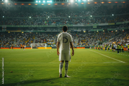 Back view of professional football player on field of stadium. Generative AI © barmaleeva