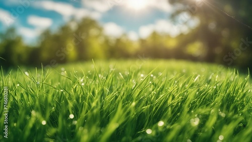 green grass background green grass with sunlight and blue sky background 