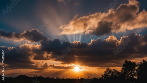 sunset in the sky A sunrise dramatic blue sky with orange sun rays breaking through the clouds. Nature background. 