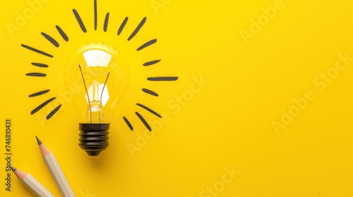 a light bulb sitting on top of a yellow wall next to two pencils and a light bulb on top of a yellow wall. photo