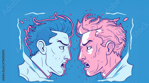 Illustraition of wo individuals, pink, blue, with expressions of anger and hostility on blue background. Moment of profound disagreement and confrontation, symbolizing stubbornness and inflexibility photo