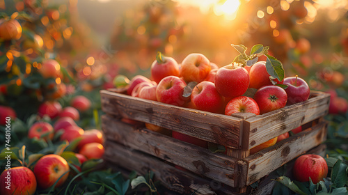 Red apples in a wooden box in an orchard with apple trees in the morning.