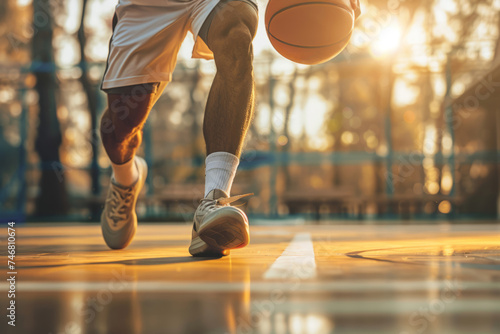 Basketball player dribbling the ball on basketball court. Generative AI