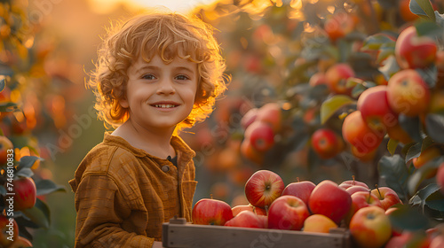 Smiling little boy while picking apples from an apple tree in the morning. In the sunlight. Apple picking. Fruit picking. photo