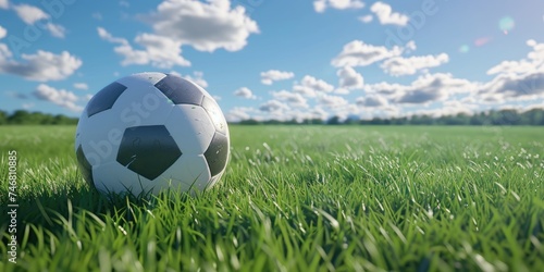 A soccer ball on a green fi...