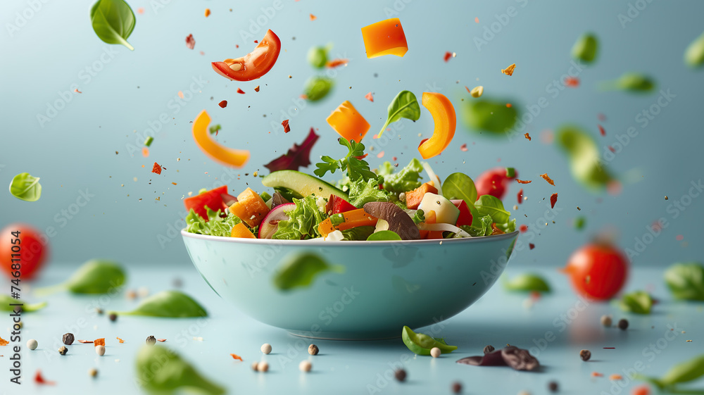 Closeup on a bowl of salad with ingredients flying Closeup on a bowl of salad with ingredients flying