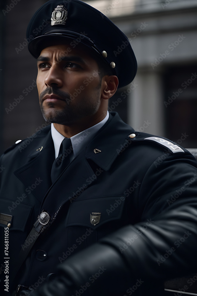 Police Officer Stands Guard in Front of Building During His Shift. Generative AI. Police Officer Stands Guard in Front of Building During His Shift. Generative AI.