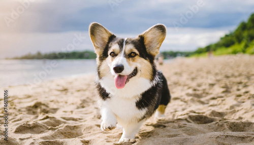 Cardigan Welsh Corgi walking on a sandy beach. AI