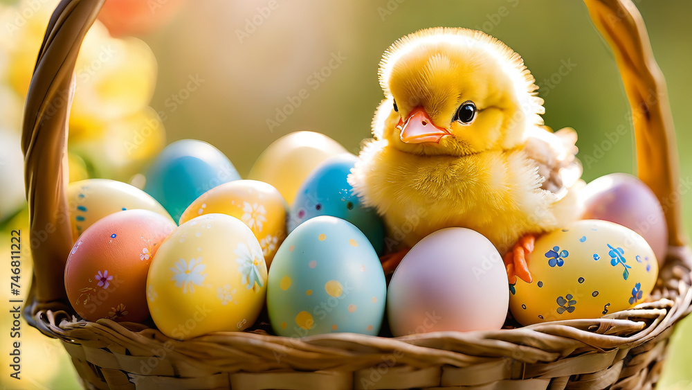 cute easter chick in an easter basket full of colourful easter eggs, easter baby chicken, vibrant, springtime joy, spring holiday, festive easter surprise