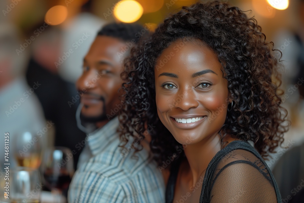 Close-up of a cheerful young woman with curly hair, man partially visible behind her