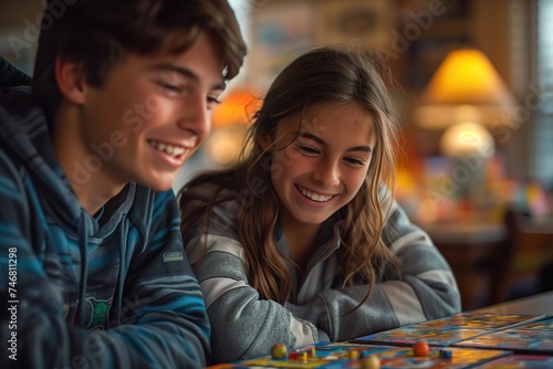Smiling teenage siblings having fun together while playing a board game