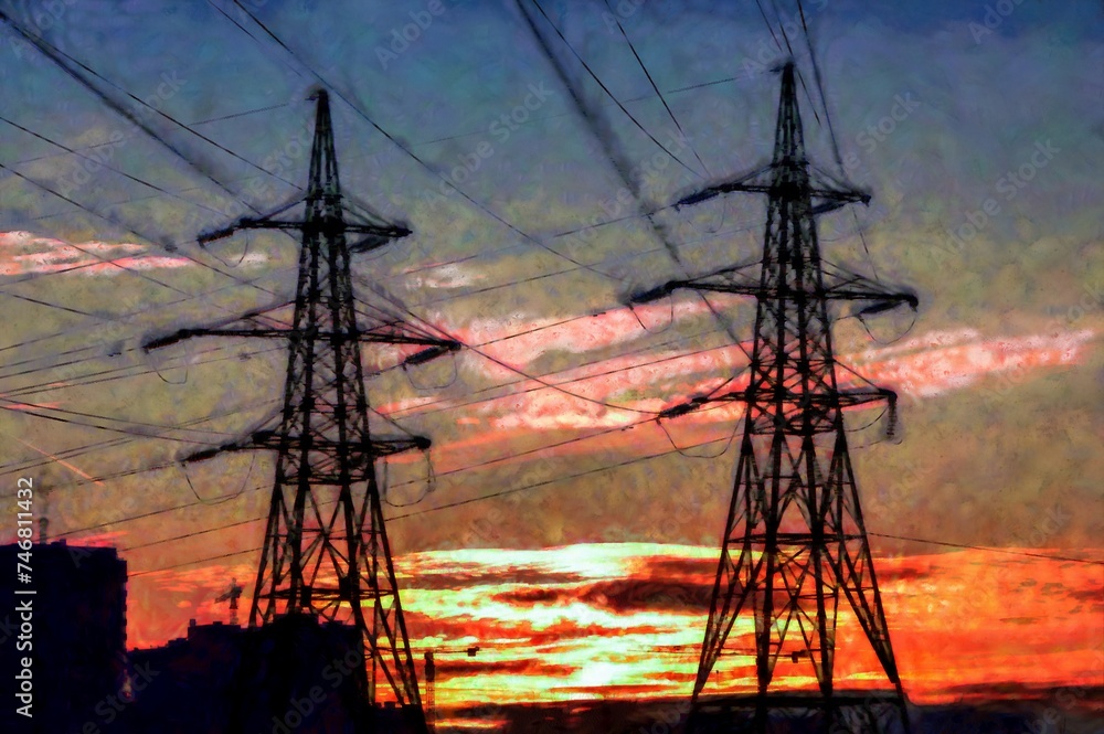 Illustration of Black power line is on the blue sky background with pink and orange and yellow clouds at the sunset