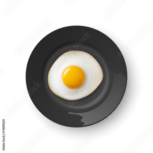 Vector 3d Realistic Fried Egg on a Black Dish Plate Closeup Isolated in Top View. Design Template of Scrambled Eggs, Fried Egg, Omelette. Delicious Breakfast, Food, Culinary Concept