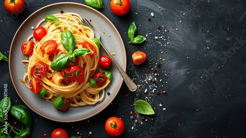 Top view of a plate of spaghetti with tomatoes and basil on a black background