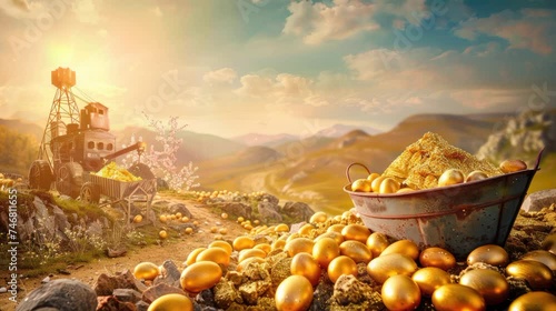 easter greeting loop video from gold mine company illustration of mine with easter egg in gold color in the hill with sky lofi video