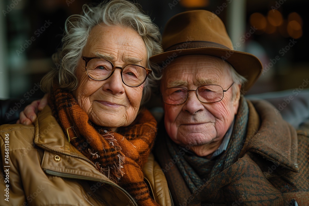 Elderly couple lovingly embracing each other in an outdoor setting with warm attire Elderly couple lovingly embracing each other in an outdoor setting with warm attire