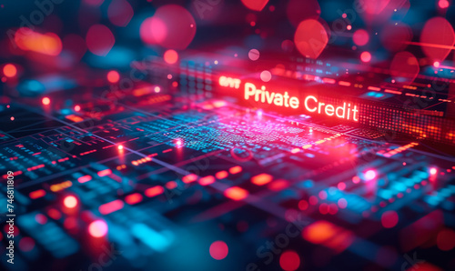 Futuristic financial concept with 'Private Credit' neon text over a glowing cybernetic circuit board, symbolizing advanced digital banking and finance technology