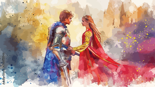 Fairy tale Princess and Knight watercolor illustrati photo