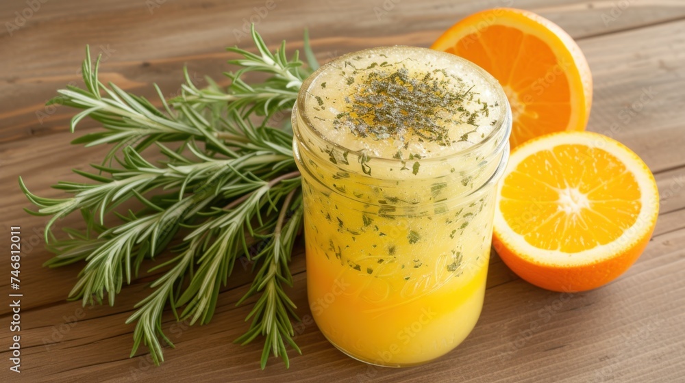 a glass of orange juice next to an orange slice and a sprig of rosemary on a wooden table. a glass of orange juice next to an orange slice and a sprig of rosemary on a wooden table.