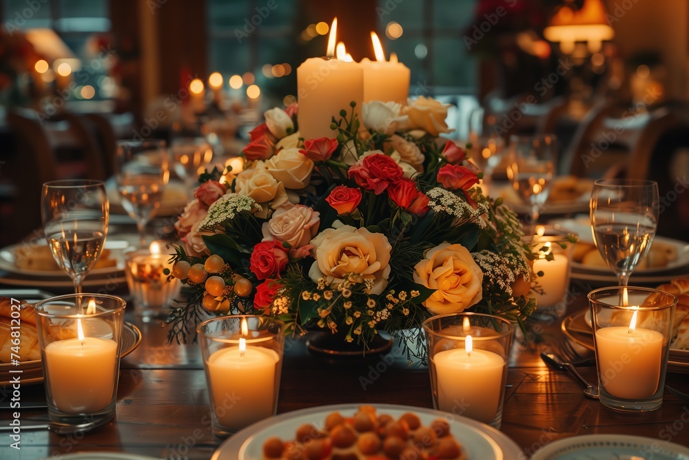 A sumptuous candle-lit floral arrangement centerpiece sets a romantic ambiance at an upscale dining table