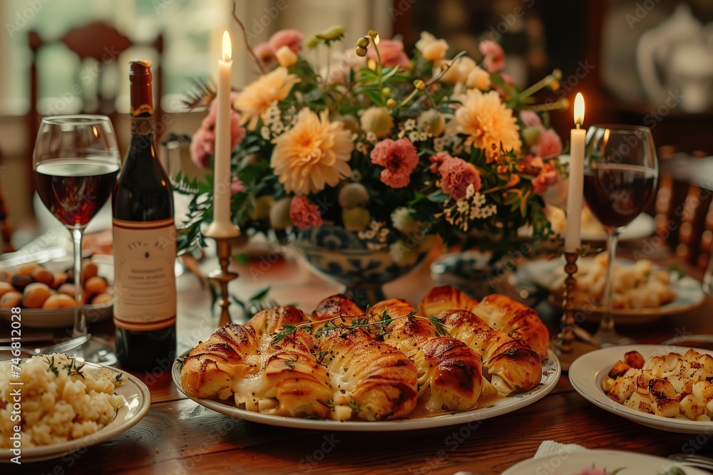 An intimate dinner experience is captured with a beautifully set table adorned with fresh flowers, a bottle of wine, and delicious food An intimate dinner experience is captured with a beautifully set table adorned with fresh flowers, a bottle of wine, and delicious food