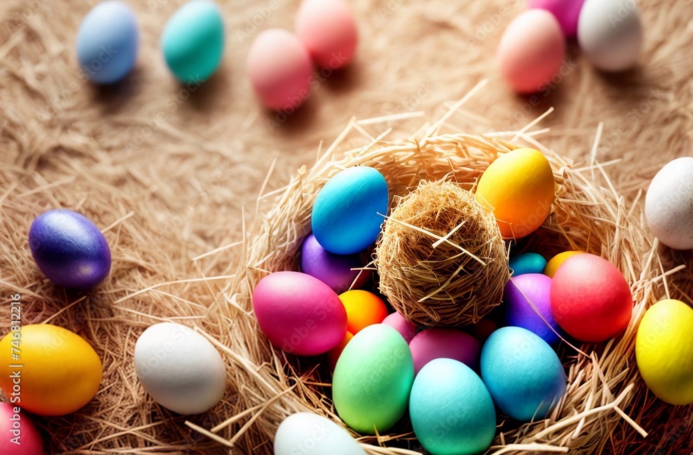 Fototapeta premium Colorful easter eggs in nest on straw background, closeup.