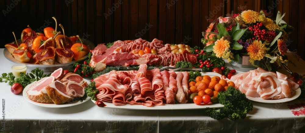 The table is covered with a variety of food items, including different cuts of meat, cheeses, fruits, and bread. The assortment creates a visually appealing display of colors and textures.
