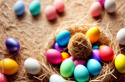 Colorful easter eggs in nest on straw background, closeup.