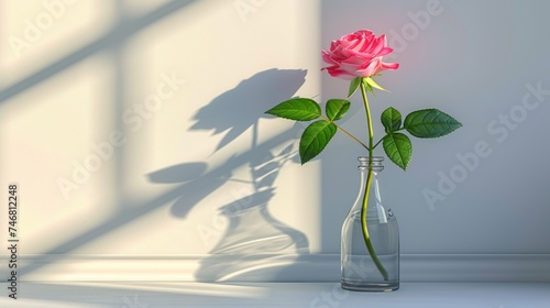 a single pink rose in a glass vase with a shadow of a window on the wall in the corner of the room. photo
