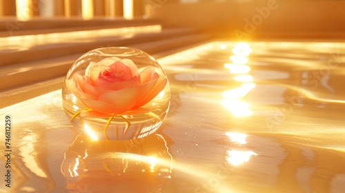a glass vase with a rose in it sitting on a shiny surface with the sun shining down on the steps. photo