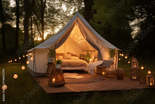 Photo of a romantic beautiful tent at a campsite in Europe, glamping in nature. Generative AI tools © Daria Sauer