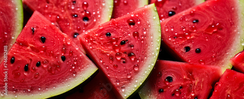 Fresh sweet red watermelon slices, with water drops over it, closeup macro detail. Generative AI