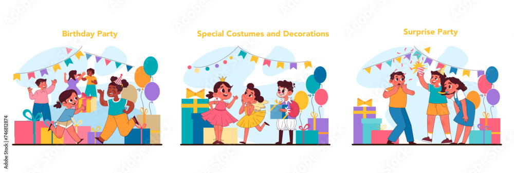 Child birthday set. Flat vector illustration