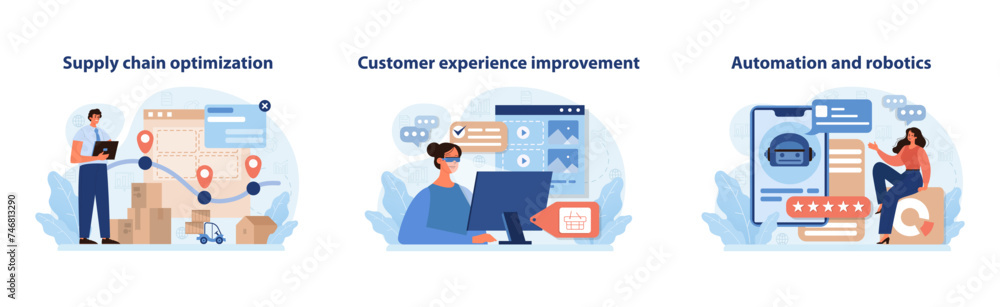 Retail Tech Vector Set. Streamlined supply chain, enhanced customer experience. Retail Tech Vector Set. Streamlined supply chain, enhanced customer experience.