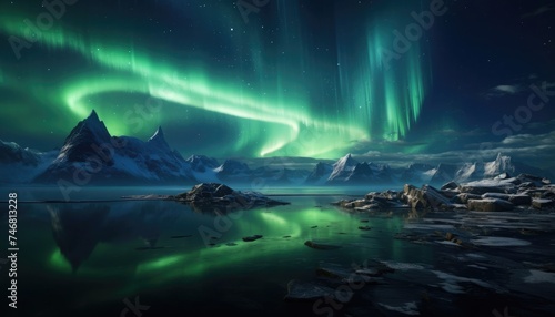 Majestic auroras light up the polar sky, reflected in icy waters against a backdrop of snowy peaks.