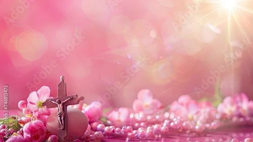 Happy easter Jesus Cross with easter egg surounded by pink pearl with pink background can be a opening title background video with animated sun light photo