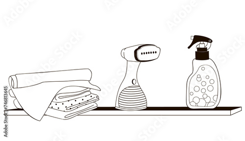 hand steamer, clean laundry and detergent on the shelf