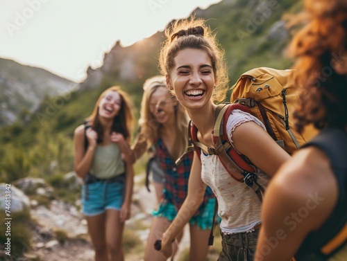 Joyful Group of Women Enjoying a Hiking Adventure Together