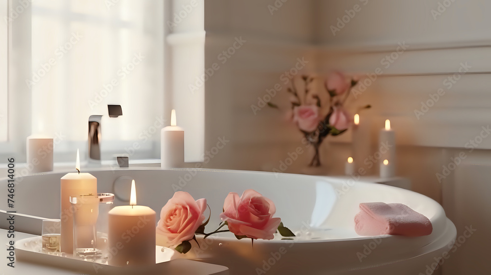 Tranquil spa day with candles and roses. Luxurious and serene bathroom setting ideal for wellness, relaxation, and home decor themes. Tranquil spa day with candles and roses. Luxurious and serene bathroom setting ideal for wellness, relaxation, and home decor themes.