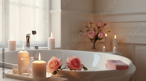 Tranquil spa day with candles and roses. Luxurious and serene bathroom setting ideal for wellness, relaxation, and home decor themes.