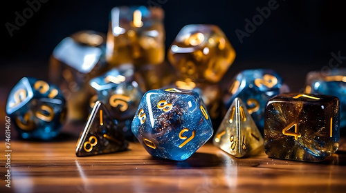 Enchanted Role-Playing Game Dice Set. Captivating image of polyhedral dice, perfect for tabletop gaming and fantasy role-playing game marketing.